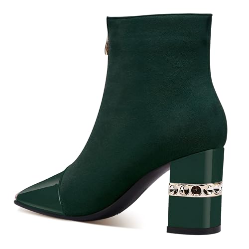 XINIUNIU Women's Ankle Boots Block Chunky Heels Booties Metal Square Toe Suede Front Zipper 3 Inch Short Boot Dress4