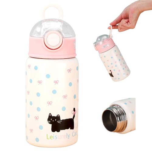 Gato Negro Termo, 450 ML Animados Thermos, Taza Térmica Infantil, Botella Agua Niños Termo de Animal de Dibujos Animados, Taza de Viaje de Café a Prueba de Fugas, Interior de Acero Inoxidable
