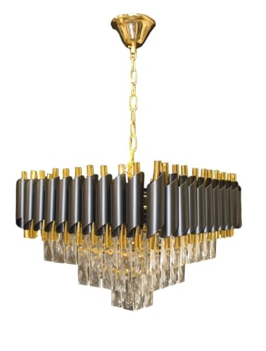 Image of TRIXY Chandeliers Lights for Ceiling Black Gold Square Crystal Pendant Light Lamp | 2 Tier, K9 Crystal 300mm Elegant Jhoomar Lamp for Living Room, Bedroom, Dining Area Home Decor Lighting Lamp