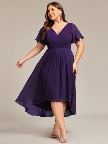 Image of Ever-Pretty Plus Women's Chiffon Midi Plus Size Formal Wedding Guest Dress | V-Neck, Short Sleeve, High Low, Ruched Bust, Empire Waist, Plus Size Cocktail Dress Semi Formal Dresses