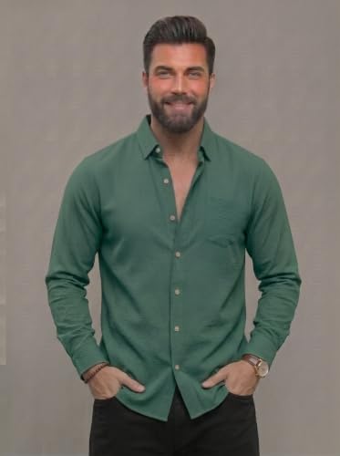 Image of NexaFlair Men's Regular Fit Solid Pattern Laffer Cotton Shirt with Long Sleeve Collared Neck Standard Length and Button Down Closure Type | Mens Casual Shirts | Man's Formal Shirts