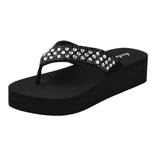 Lowkeyray Wedge Flip Flops for Women Rhinestone Comfortable Sandals