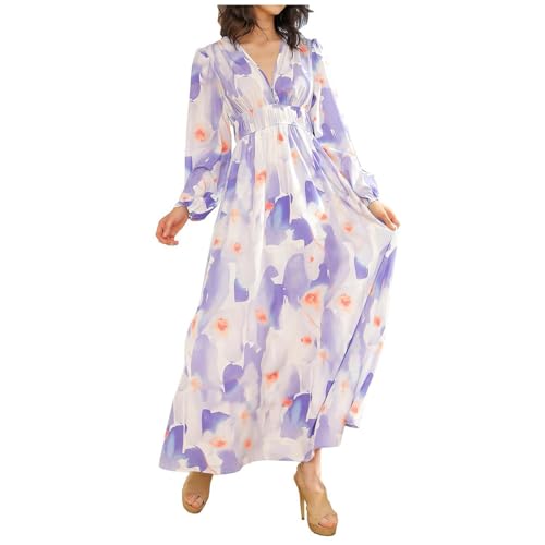 Elegante vestido bohemio francés para mujer con mangas florales moteadas vestido túnica para mujer, Color lila claro., L
