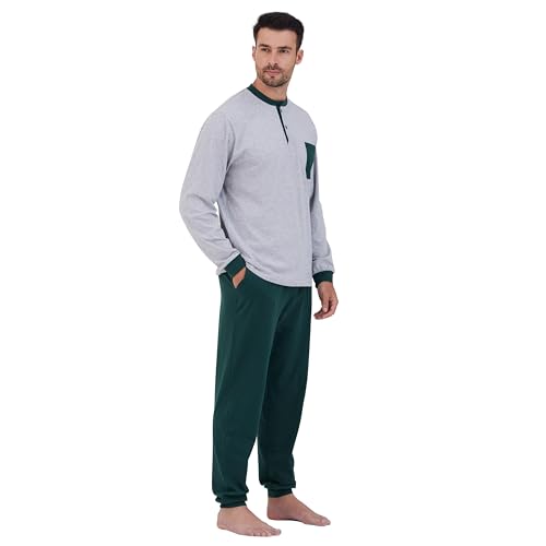 Keyocean Mens Henley Pajama Set, Soft Cotton Long-Sleeve T-Shirt & Pants 2-pieces PJ Set for Sleeping3
