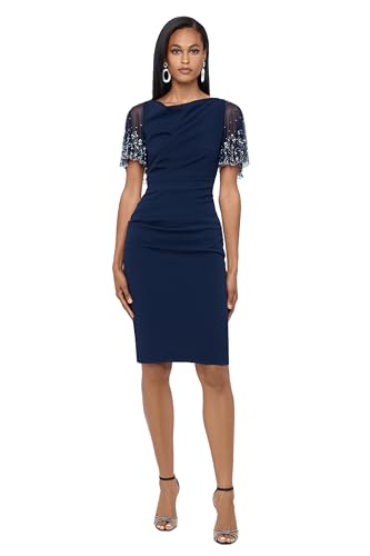 Image of Betsy & Adam Women's Short Ruched Crepe w /Beaded Flutter Sleeve