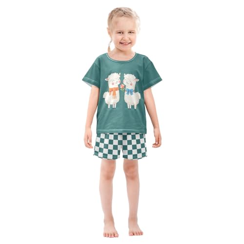 Checkerboard Plaid Llama Flower Teal Pajama Set Short Sleeve Pajamas Shorts Sets Cotton PJS 2 Piece Clothes Set 5Y3