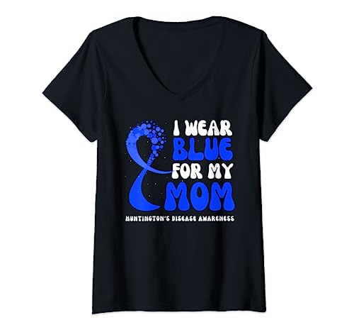 Womens I Wear Blue For My Mom Huntington's Disease Awareness Ribbon V-Neck T-Shirt