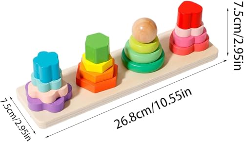 Image of SHINETOY Wooden Four-Pillar Stacking Block Toy | 16 Colorful Shape & Color Sorting Blocks | Montessori Educational Toy for Toddlers to Build Fine Motor Skills & Hand-Eye Coordination