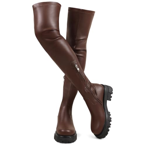 Image of CouieCuies Black Thigh High Boots For Women Platform Over The Knee High Boots Lug Sole Comfortable Stretch Boots 6-11