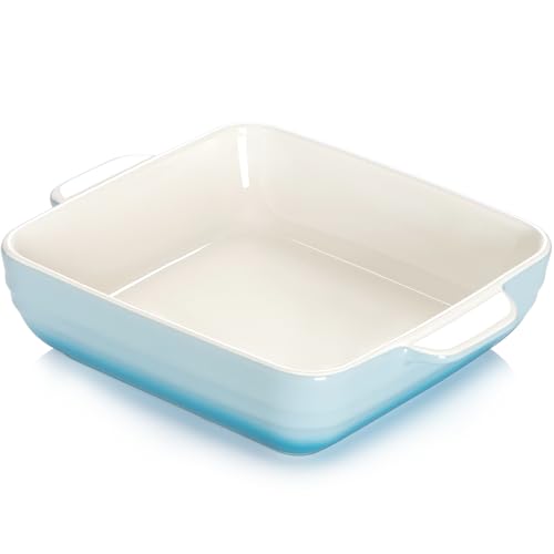 NUTRIUPS Fuente cuadrada para hornear de 8 x 8 pulgadas, sartén de cerámica de 1.5 L con asas, cacerola para horno, utensilios de porcelana para hornear (azul degradado)