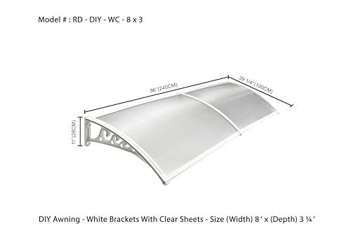 Image of CHENNAI Window Blinds and Shades DIY Polycarbonate Awning (Engineered Plastic Brackets) Window Sunshade Door Weather Shed Rain Canopy Awnings - 8'Widthx3'Depth (White Brackets & Clear Sheets)