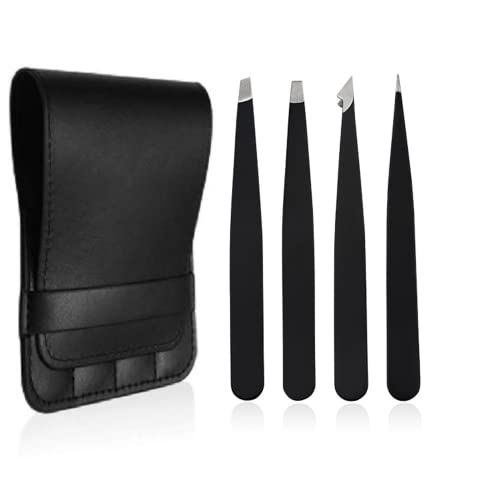 Women Eyebrow Tweezers for Ingrown Hair - YAWALL Precision Professional Stainless Steel Tweezer Set for Eyebrows, Flat Tip for Eyebrows with Case, 4PC Great Splinter and Facial Hair Removal Tool