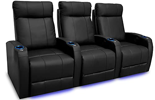 Valencia Syracuse Home Theater Seating | Premium Top Grain Nappa 9000 Leather, Power Recliner, LED Lighting (Row of 3, Black)