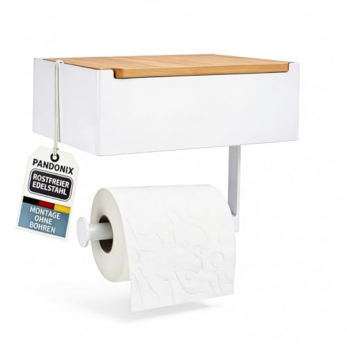 Pandonix Toilettenpapierhalter mit Feuchttücherbox - Edelstahl & Bambus - Toilettenpapierhalter ohne Bohren - Weiß - klopapierhalter mit feuchttücherbox