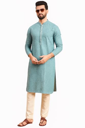 Image of Amazon Brand - Tavasya Men Rayon Geometric Embroidered Mandarin Collar Straight Kurta