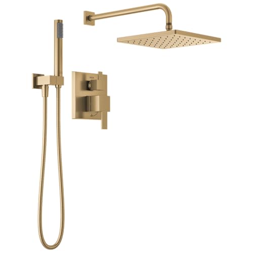 Image of Delta Modern 14 Series Square Rain Shower System Faucet Set, Rainfall Brushed Gold Shower Head and Handle Set, Valve Trim Kit, 10 Inch, Champagne Bronze T342701-CZ (Valve Not Included)