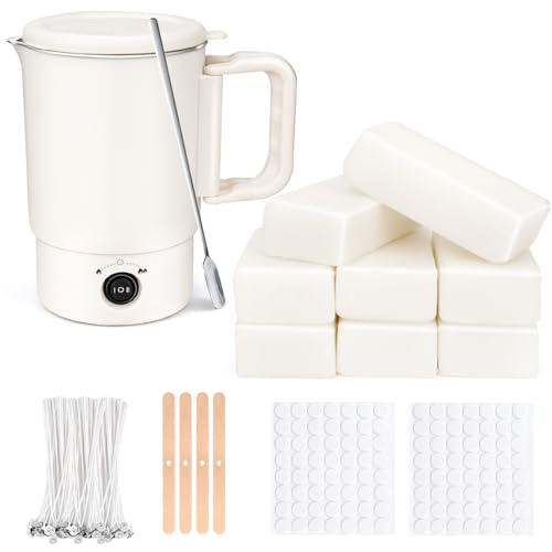 KEARLGMBH Kit de Fabrication de Bougies DIY, Kit Bougie a Faire Soi Meme Adulte,Débutants Adultes Avec 8 * 60g de Cubes de Cire Blanc, 100Mèches, Papier...