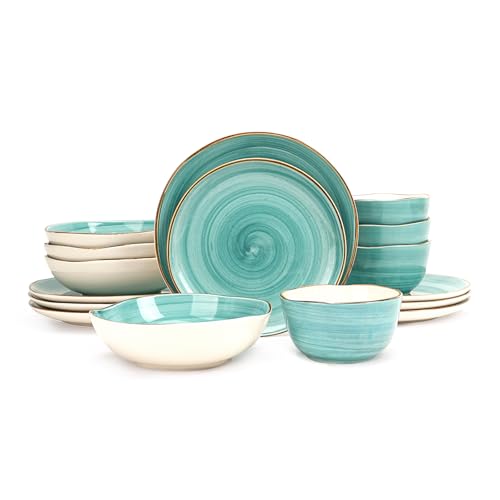 Vajilla Highland de 16 piezas para 4 personas, platos y cuencos de cerámica orgánica, resistente a arañazos, apta para microondas y lavavajillas, efecto moteado artesanal, turquesa en espiral.