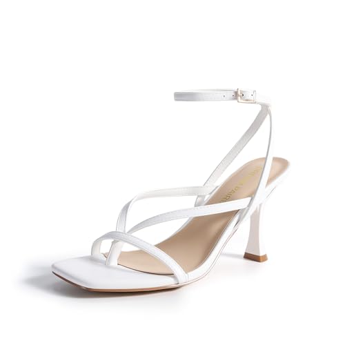 DREAM PAIRS Women's Low Kitten Heels Strappy Design with Lace Up Open Square Toe Thong Ankle Strap Shoes Fashionable Sexy Sylvestra Heeled Sandals for Dressy Occasions 6.5 White