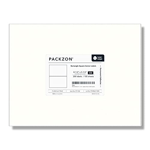 PACKZON Shipping Labels with Self Adhesive, Square Corner, For Laser & Inkjet Printers, 8.5 x 5.5 Inches, White, Pack of 200 Labels