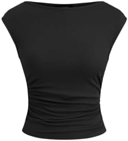 CIDER Boat Neck Tops for Women Sleeveless Ruched Crop Tank Tops S...
