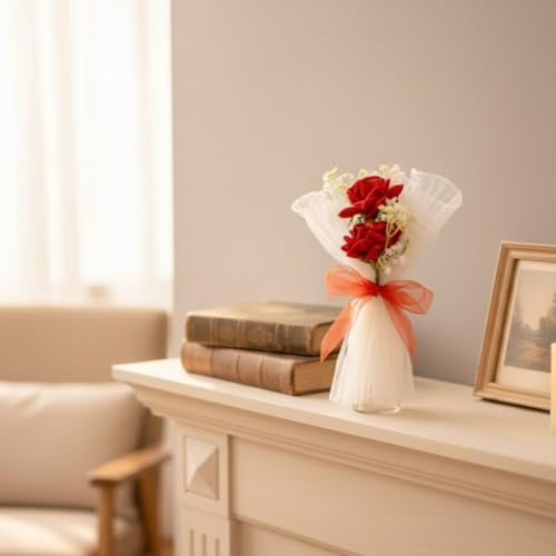 Image of SATYAM KRAFT 1 Pcs Artificial Flower Mesh Rose Bouquet for Him Her Girlfriend Boyfriend Wife Husband | Romantic Decor for Anniversary, Wedding, Birthday, Home Decor (White)
