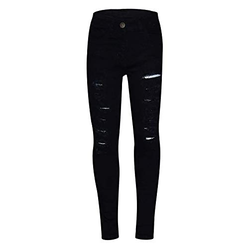 Girls Black Ripped Leggings Elastic High Waisted Skinny Denim Jeans Casual Y2k Tights (Black, 13 Years)2