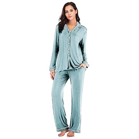 OCCIENTEC Women's Pyjama Sets Super Soft Long Sleeve Sleepwear Women's Button Down Nightwear Loungewear PJ Set(Light blue M) Cover