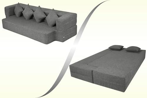 Image of Rosebell Flipper Three Seater | 70 X 46 X 9 | Foldable Sofa Cum Bed with Washable Fabric Four Cushions for Living Room - Grey-Color