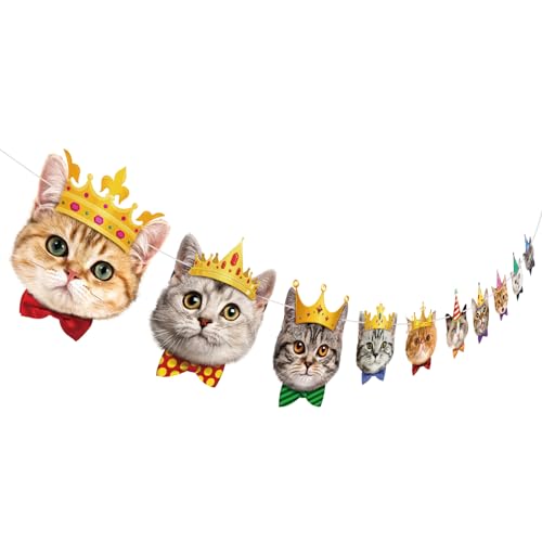 Image of Cat Birthday Banner Cat Birthday Decorations Cats Faces Garland Funny Birthdays Decor for Cats Themed Party Decorations Backdrop Baby Shower