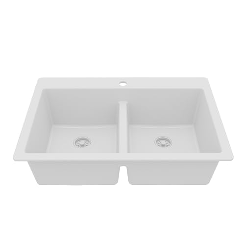 Karran 33' White Quartz Composite Double Bowl Kitchen Sink – Top Mount Drop-In 50/50 Low Divider, 80% Natural Quartz, 535°F Heat Resistant, Sound Dampening, Granite Composite, QT-810