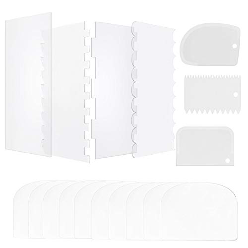 Shxmlf 4 Pcs Clear Acrylic Large Cake Smoother Scraper(10inch),10 Pcs Soft Plastic Cake Edge Smoother and 3 Pcs Cake Scraper Decorating Comb, Total 17Pcs for Icing Mousse ButterCream Cake Edge DIY