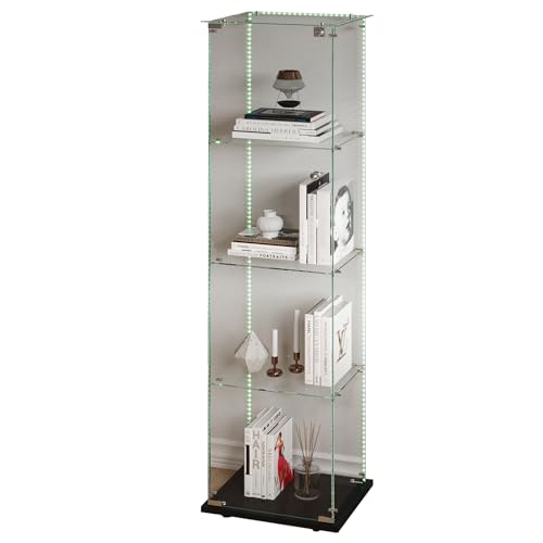 Sorvaglos - Vitrina con tira LED, 4 pisos, puerta de cristal templado, negro, antipolvo, vitrina vertical para sala de estar, oficina, objetos de colección, 35 x 39,8 x 163 cm