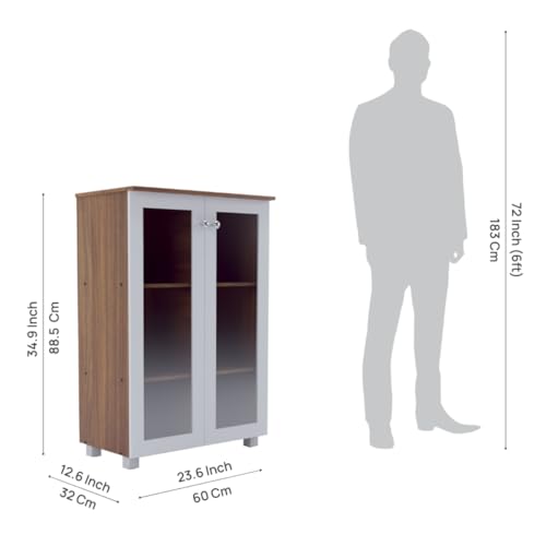 Image of Hobbit Engineered Wood Bookshelf | Book Storage & Display Cabinet for Living Room, Study Room & Home Office | 2 Door Glass Cabinet Storage | Leon Teak & White Finish