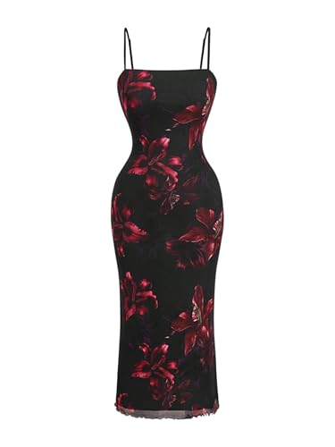 Women's Plus Size Floral Dress Bodycon Spaghetti Strap Mesh Party Cami Long Dresses