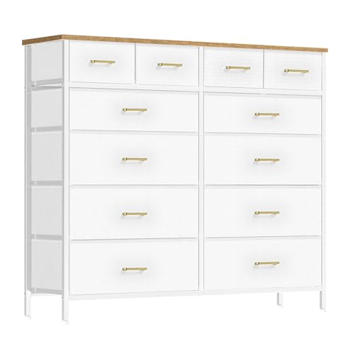 Image of VASICAR White Dresser for Bedroom with 12 Deep Drawers, Wide Chest of Drawers, 55" TV Stand with Retro Wood Top, Tall Fabric Dresser for Closet, Nursery
