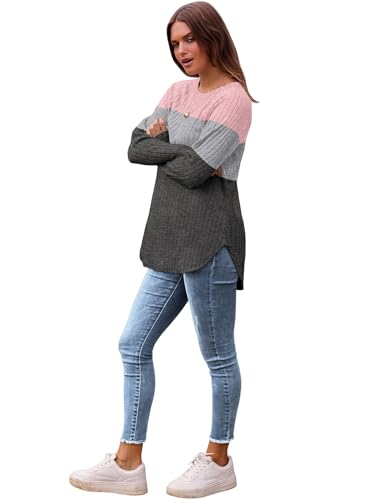 Image of Saloogoe Long Sleeve Shirts for Women 2025 Fall Clothes Tunic Tops Loose Fit Dressy Crewneck Pullover Sweaters Curved Hem