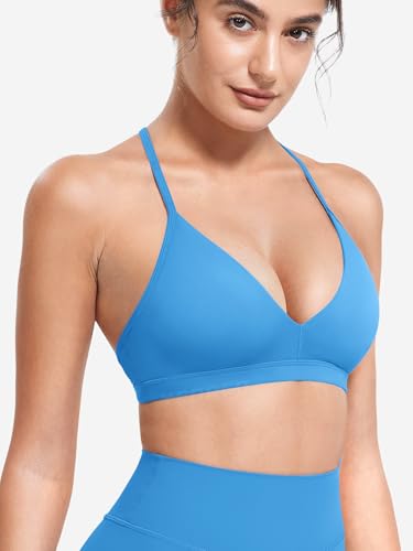 Image of YEOREO CoreFlex Women Sports Bras | Strappy, Padded, Halter, Open Back, Light Impact, Deep V Neck, Yoga, Workout, Gym