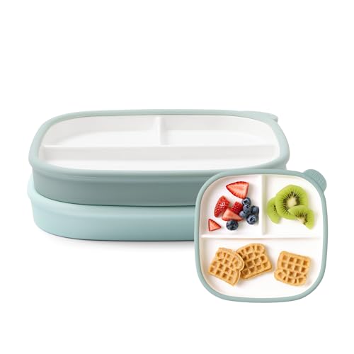 Ello Clean Start Toddler Breakfast Plate 2 Pack | BPA-Free Ceramic Plates with Divider & Silicone Sleeve for Babies/Toddlers| Microwave & Dishwasher Safe | High Chair Friendly | Dewdrop/Grayed Jade