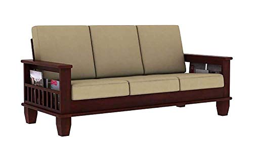 Image of Wooden Solid Sheesham Wood 5 Seater Sofa Set with Cream Cushions (5 Seater Sofa | 3+1+1, Mahogany Finish