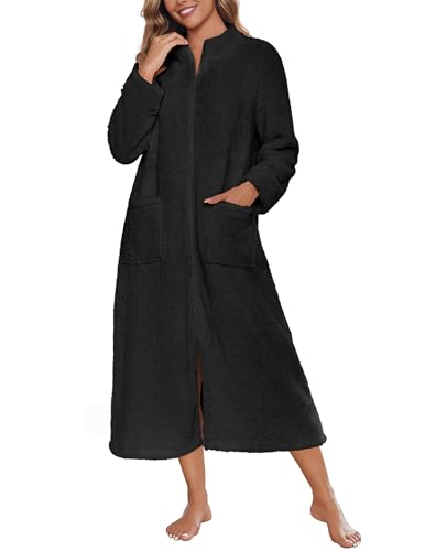Image of Ekouaer Women Zipper Robe Fleece Long Sleeves Bathrobe Sleepwear Warm Soft Housecoat with Pockets Zip Up House Dresses
