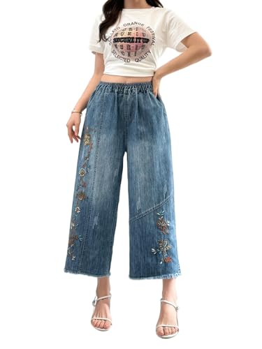 Womens Capri Pants Summer Wide Leg High Waisted Pants Casual Trousers with Pockets Embroidered Jeans Blue