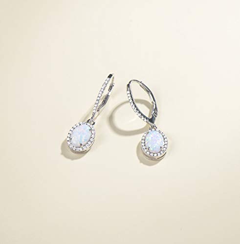 FANCIME Lever Back Earrings Sterling Silver Created White Fire Opal Halo Cubic Zirconia French Back Earrings Opal Jewelry for Women4