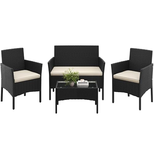 Yaheetech 4-Piece Rattan Patio Furniture Set, Outdoor 4 Seater Patio Conversation Sets with Glass...
