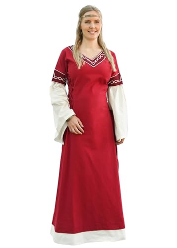 Battle-Merchant Mittelalter Kleid Alvina Baumwolle Damen - bodenlang - Wikinger - Kleid - Gewandung- faschingskostüm - langärmelig, rot/Natur, Gr....