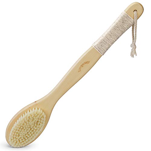 Double-sided body scrubber, 17.5 In.-Exfoliating shower brush with long handle for wet or dry scrub- Wood exfoliating Brush with Nylon and Boar hair Bristles- Shower accessories by LuxxBrushes