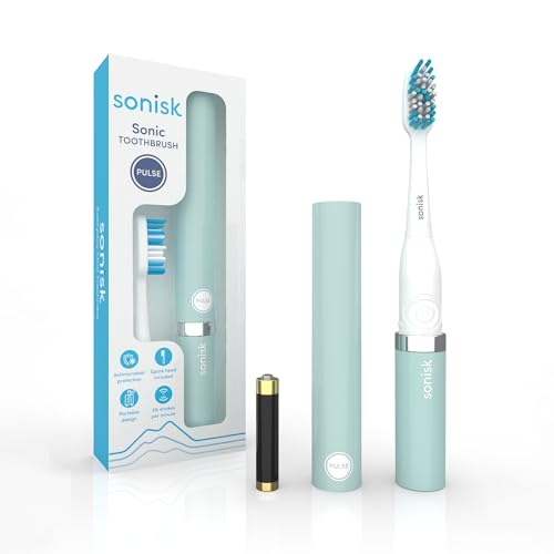 Sonisk Pulse | Spazzolino elettrico alimentato a batteria | Formato da viaggio portatile con tecnologia antimicrobica Sonic | 1 batteria, 2 testine, 1 custodia da viaggio inclusa (verde acqua)