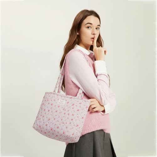 Image of Floral Quilted Cotton Shoulder Bag for Women Daily Use Medium Size Handbag Large Capacity Thickened Design Tote