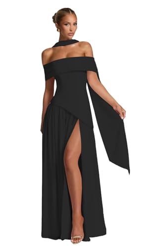 Off Shoulder Bridesmaid Dresses with Scarf Long Pleated Chiffon A-line Formal Evening Gowns with Slit