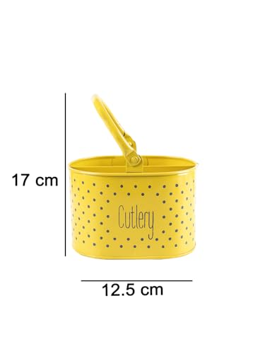 Image of MARKET 99 Yellow Polka Dot Metal Cutlery Holder | Oval Glossy Cutlery Stand for Kitchen | Knife, Fork & Spoon Organizer | Multipurpose Tabletop for Dining Table, Office Desk & Countertop